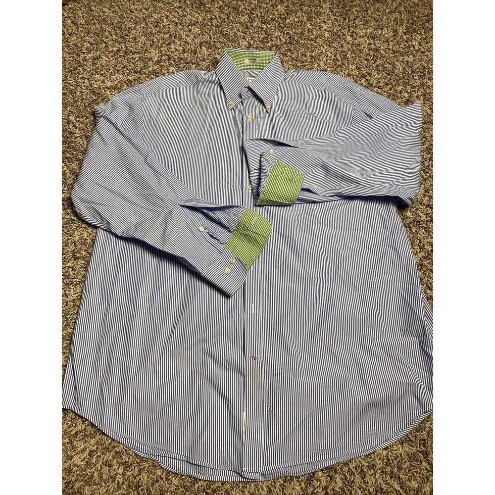 Peter Millar Men's XL Blue Stripe Long Sleeve Button Down Shirt American Flag A4